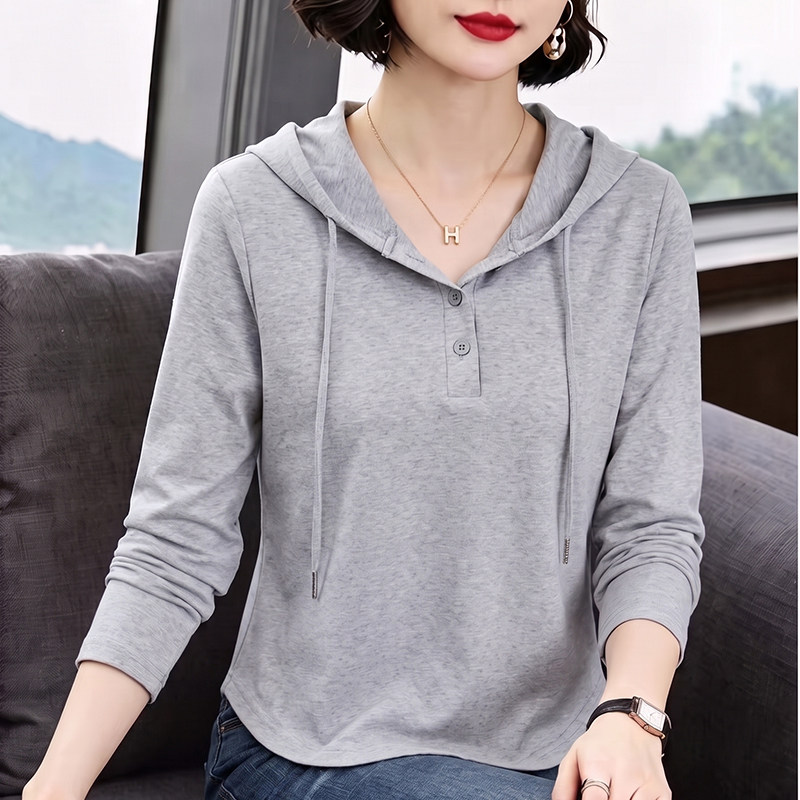 2026春秋新款薄款连帽卫衣长袖t恤女纯棉带帽衫打底减龄上衣外穿图片