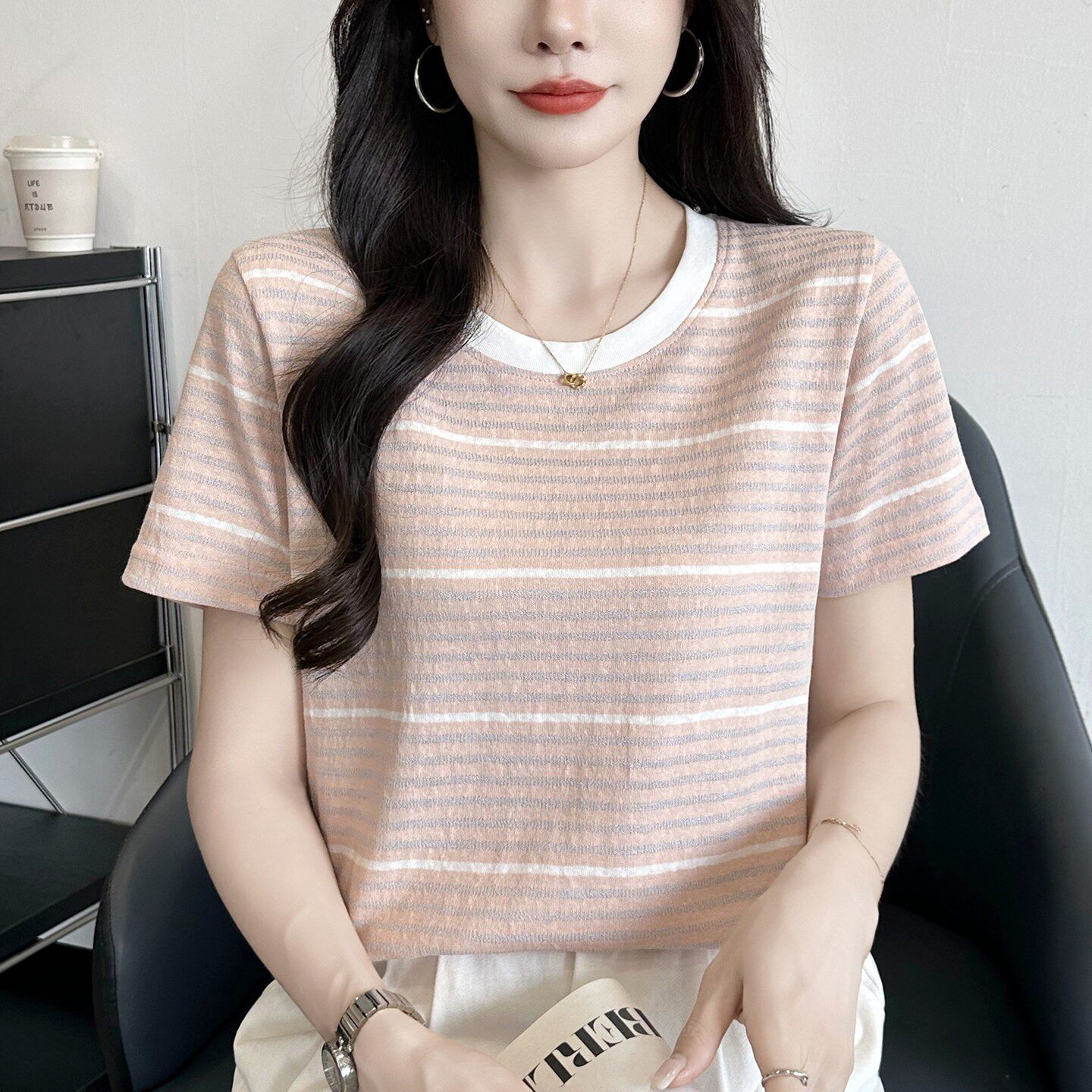 2026新款洋气减龄条纹短袖T恤衫设计感撞色百搭显瘦女装上衣服夏图片