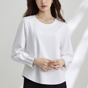 上衣女 打底衫 白色纯棉鱼骨弧形下摆宽松正肩长袖 内搭t恤春秋新款
