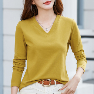 V领T恤女长袖 洋气正肩鸡心领上衣潮 白色宽松纯棉春秋冬内搭打底衫