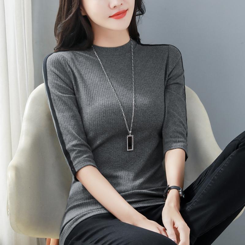 半高领螺纹中袖纯棉t恤女春秋2025新款立领七分袖内搭打底衫上衣