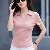 2025夏季 T恤女鱼骨设计感V领别致短上衣 正肩polo短袖 新款 纯棉修身
