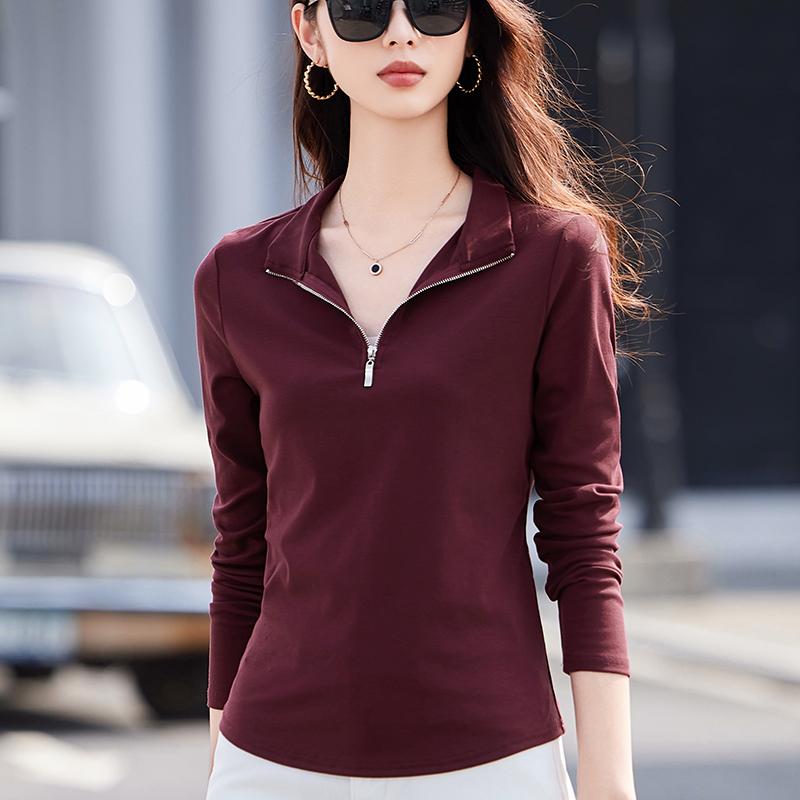 不起球纯棉polo翻领长袖t恤女