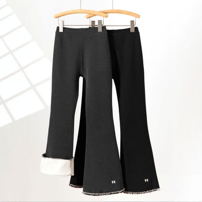 女童加绒喇叭裤一体绒微喇裤黑色