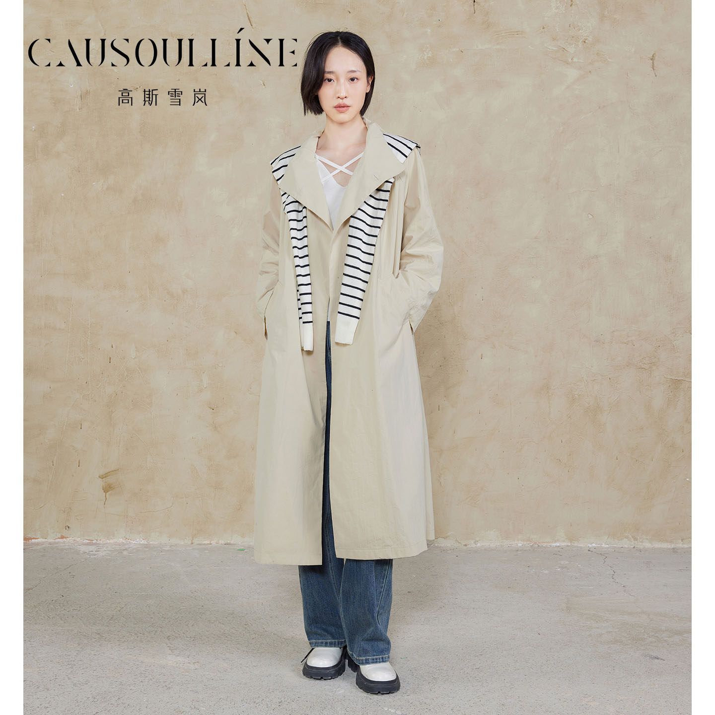 韩版气质条纹披肩风衣外套