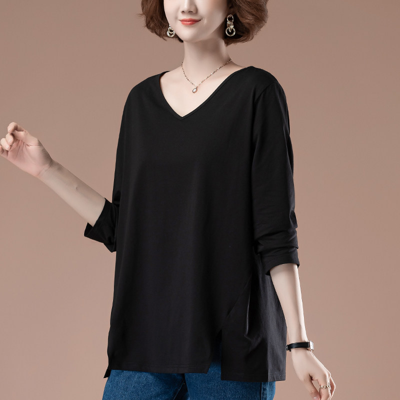 纯棉长袖t恤女春秋新款加肥加大码女装宽松中年妈妈显瘦V领打底衫
