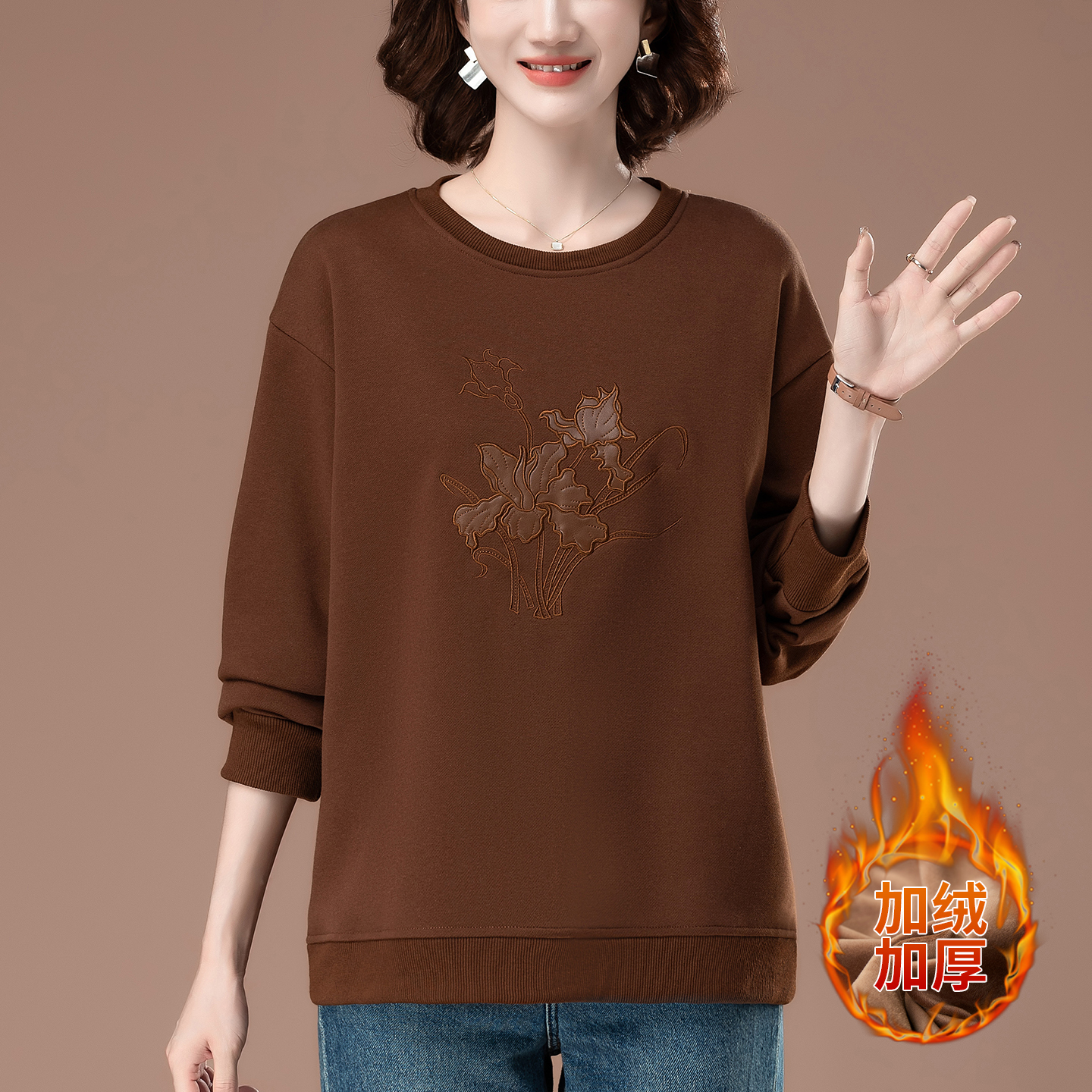 加绒卫衣女秋冬新款加大码女装宽松中年妈妈保暖加厚圆领上衣外套