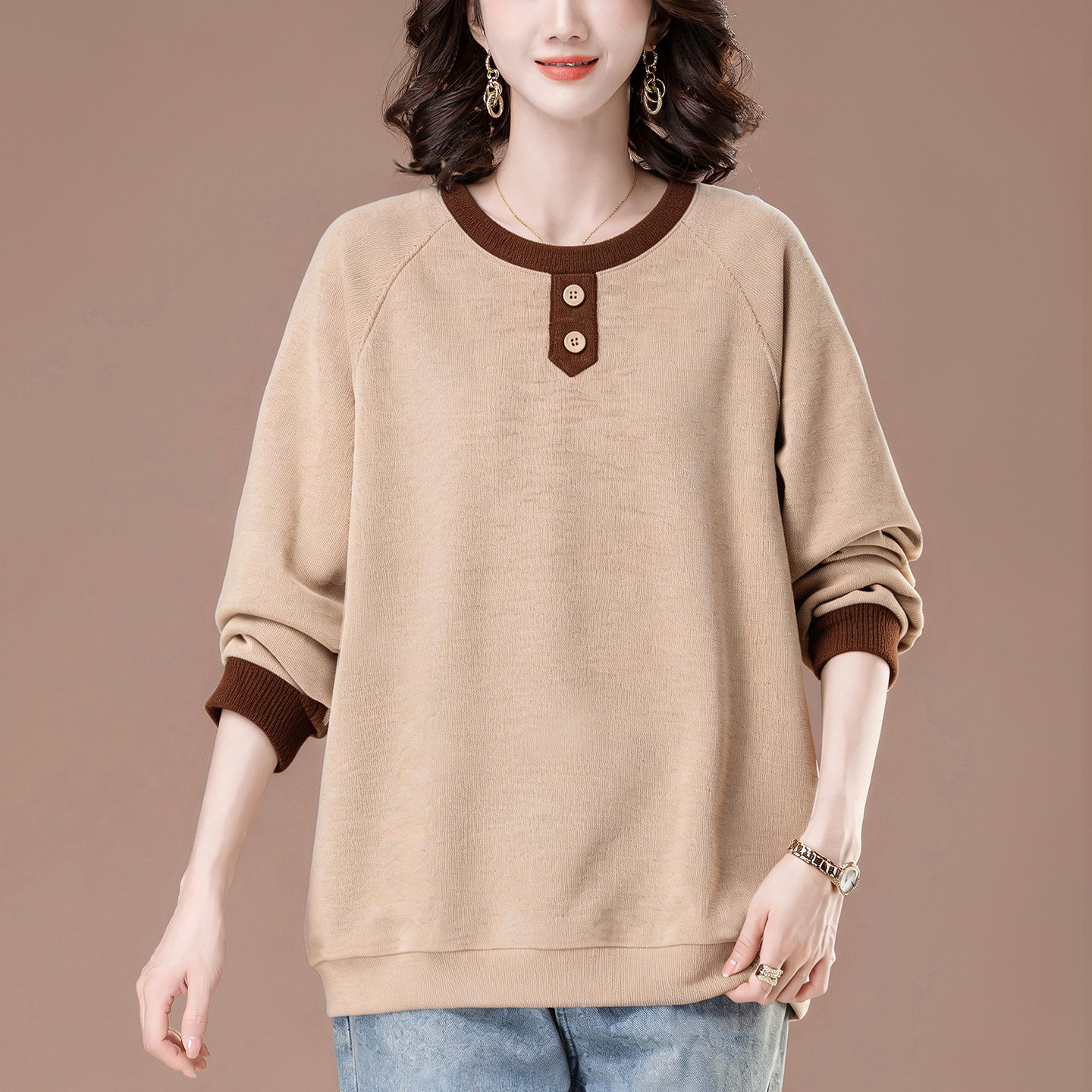 卫衣女春季新款宽松加肥加大码中老年妈妈毛绒感撞色拼接显瘦上衣