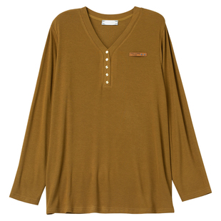 宽松中年妈妈显瘦遮肚V领打底衫 长袖 女装 加肥加大码 t恤女春秋新款