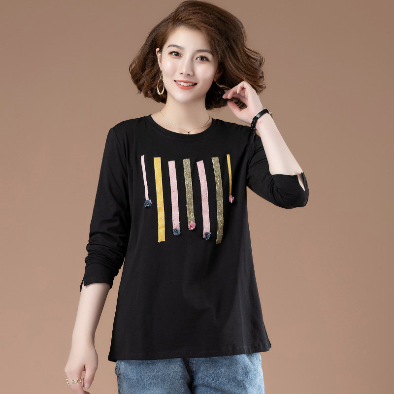 中年妈妈春d秋新款纯棉长袖t恤加肥加大码女装宽松遮肚上衣打底衫