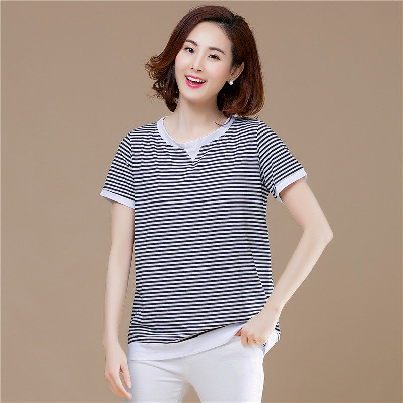 条纹短袖t恤女全棉夏季加肥加大码女装宽松显瘦中年妈妈圆领体恤