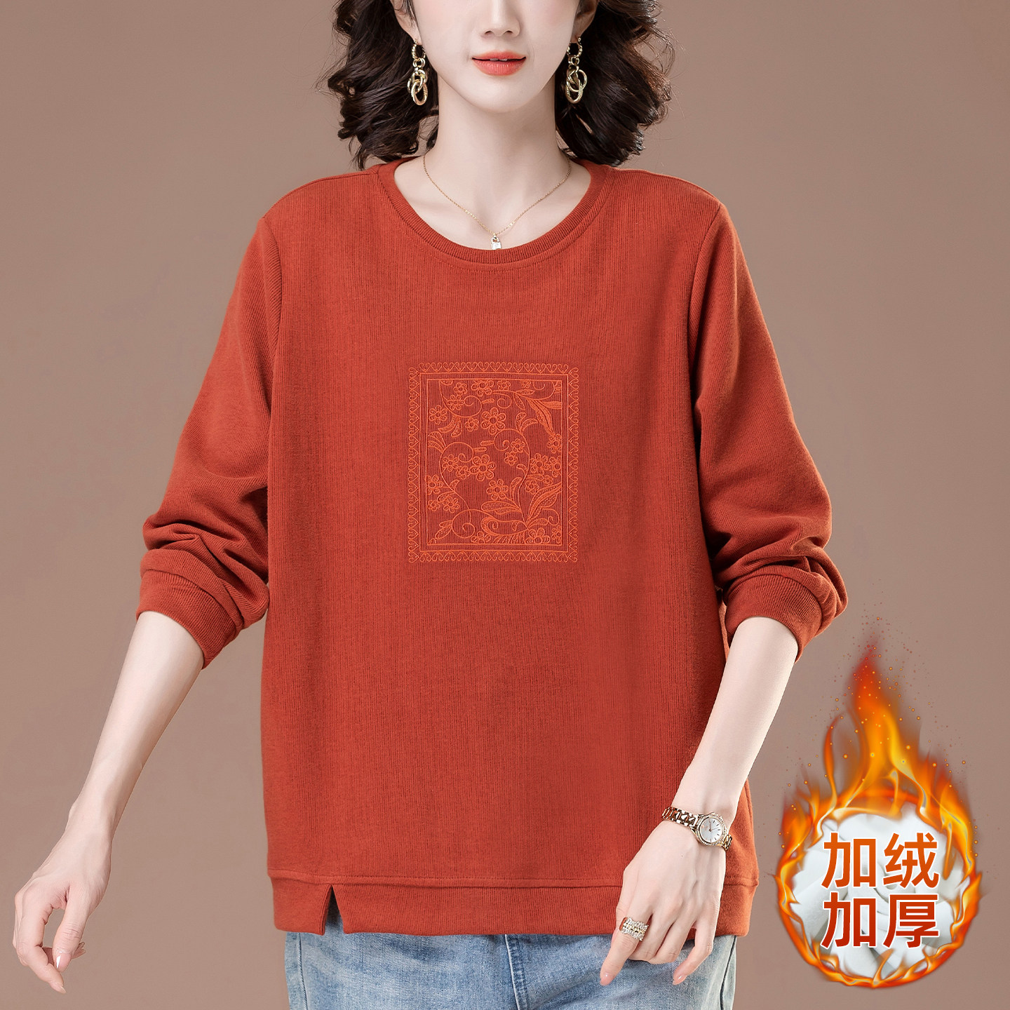 加绒卫衣女秋冬新款宽松加肥加大码中年妈妈洋气刺绣保暖加厚外套