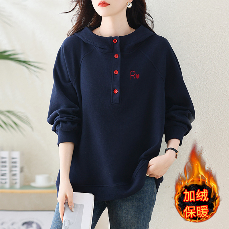 妈妈加绒连帽卫衣女秋冬宽松加肥加大码女装中老年人休闲加厚上衣