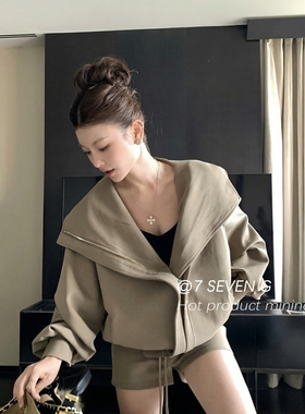 H.R-卫衣开衫外套小香风套装+抽绳短裤白色情人节穿搭XY2151KL