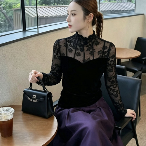 A派-秋上新女装新中式高端复古蕾丝拼接丝绒上衣小衫JS-16525