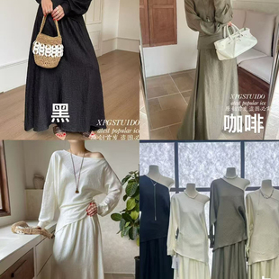 女温柔显瘦百搭洋气26021 半身裙两件套套装 斜肩气质时尚 小衫