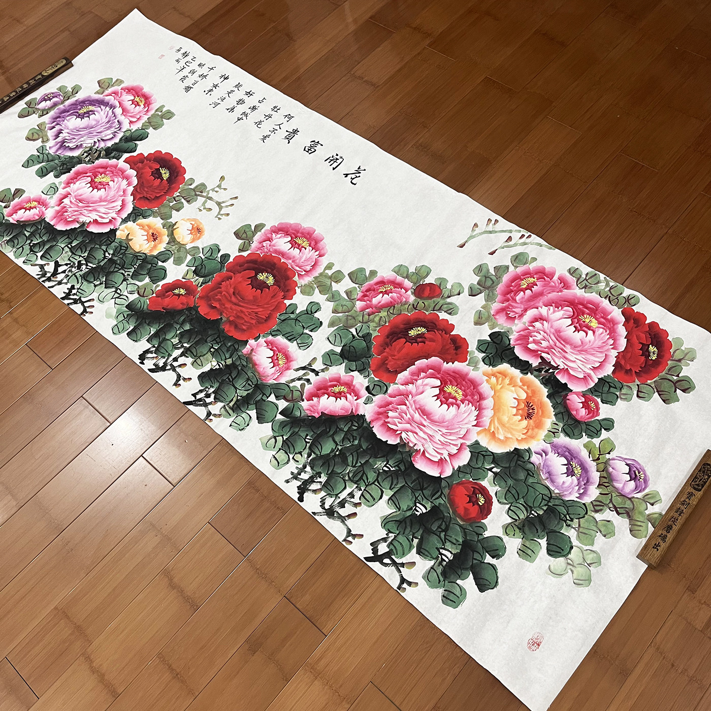 杜静丽手绘八尺横幅国画牡丹花开富贵客厅办公室宣纸画作品240*96