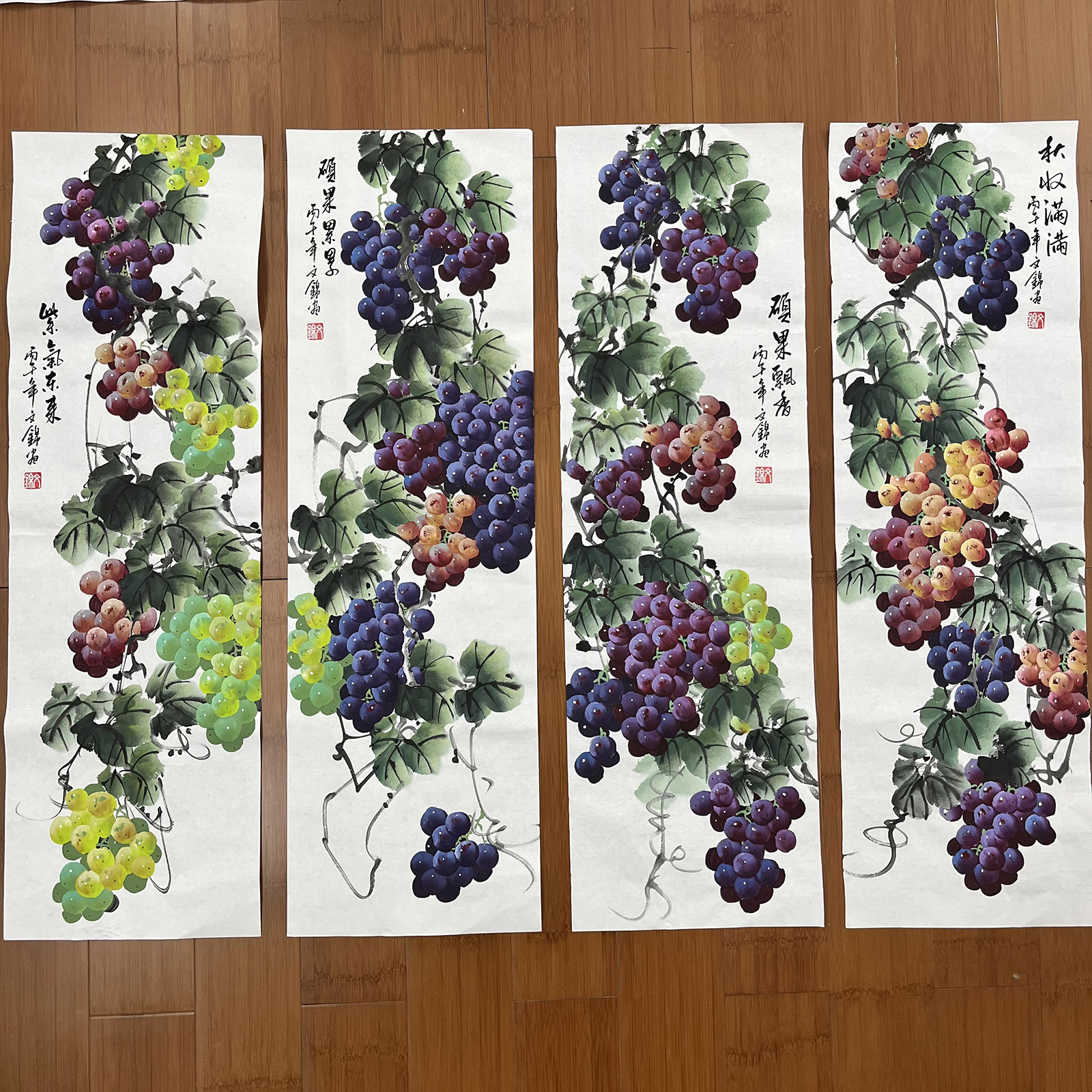 国风精品四条屏葡萄写意装饰画