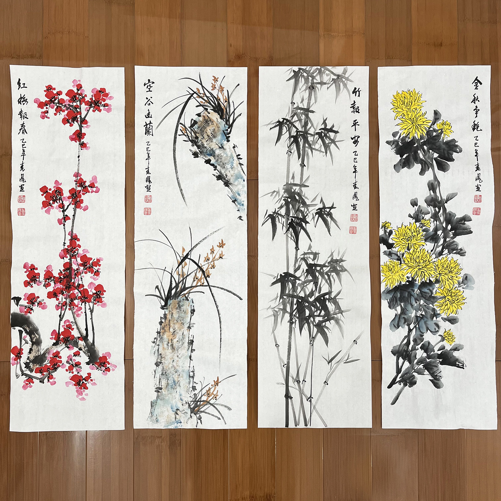 李春凤手绘宣纸国画梅兰竹菊四条屏客厅走廊装饰画30*98厘米*4幅
