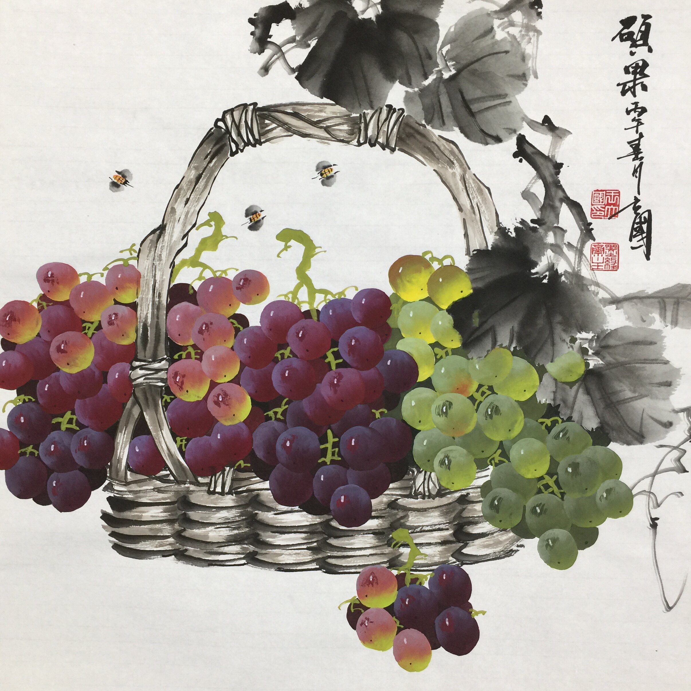 王立国纯手工手绘篮筐葡萄国画三尺斗方硕果图餐厅走廊玄关装饰画