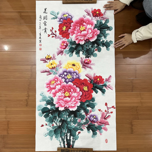 李春凤纯手绘写意牡丹国画四尺竖版花开富贵走廊玄关手工装饰画