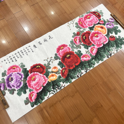杜静丽手绘写意国画牡丹横幅宣纸180*68厘米小六尺客厅沙发墙装饰