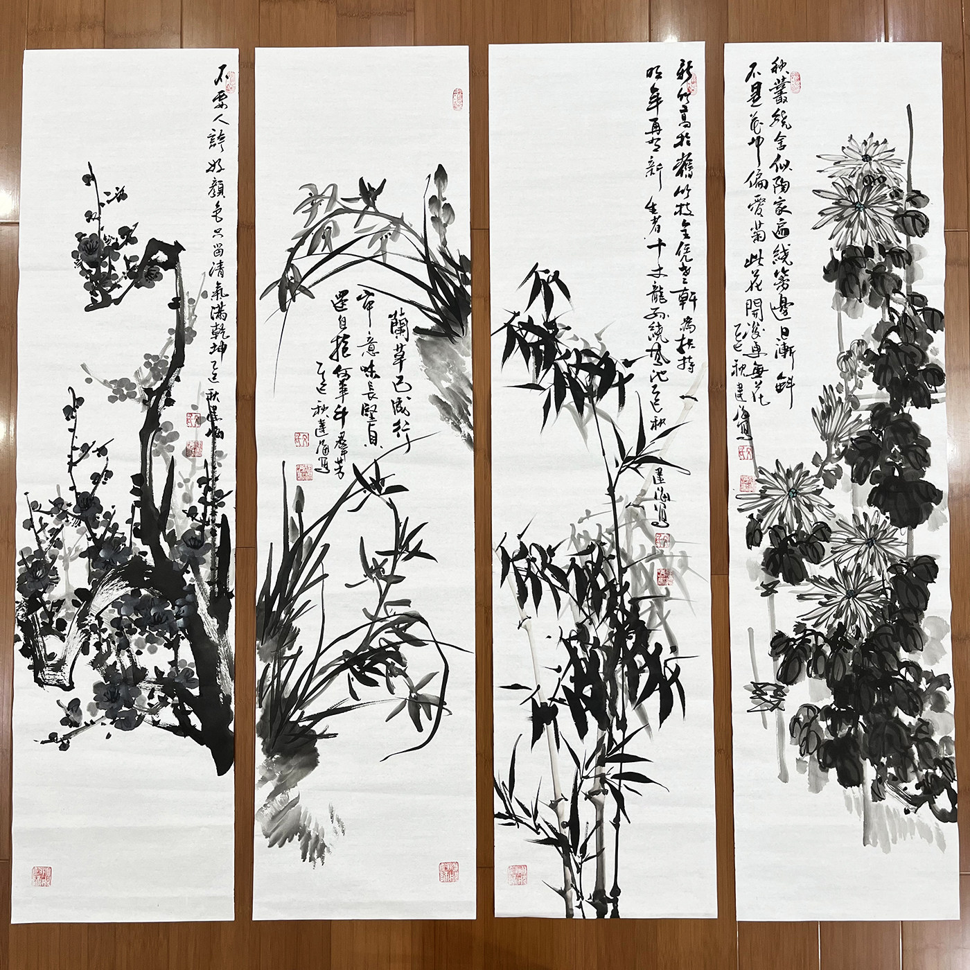 文建海手绘宣纸国画四条屏纯墨色水墨梅兰竹菊四条屏35*138厘米