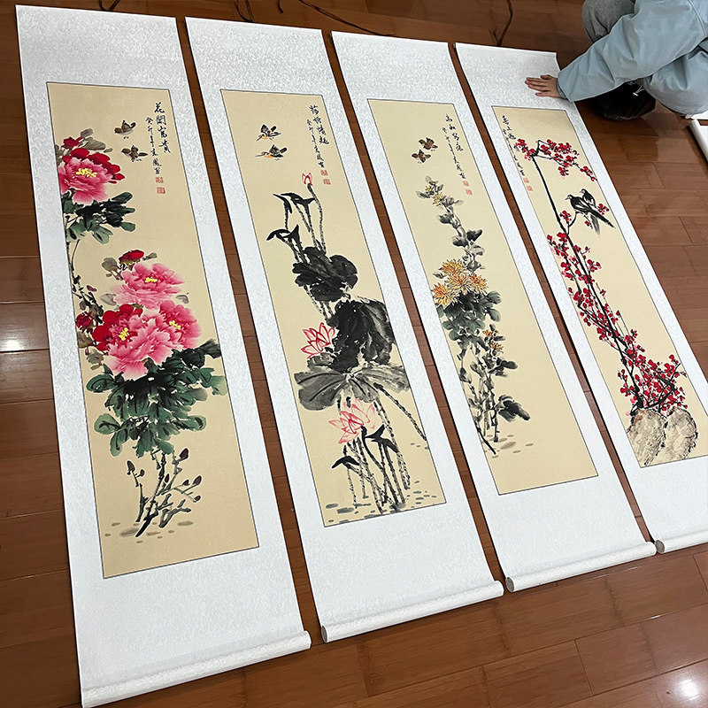 纯手绘国画复古宣纸大号春夏秋冬四条屏软裱卷轴四尺对开装饰挂画