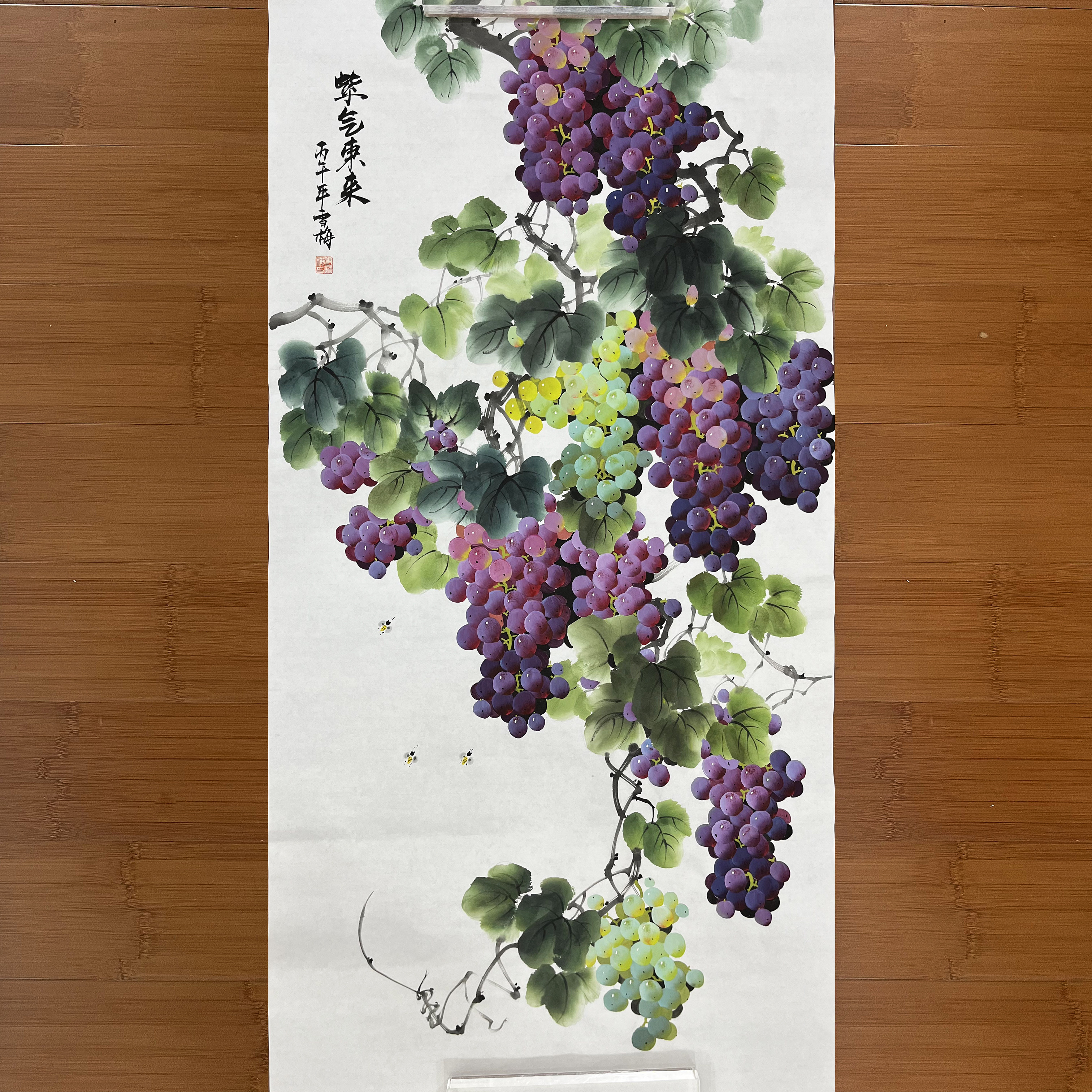 李雪梅手绘葡萄国画四尺竖版紫气东来玄关中堂走廊纯手工装饰画