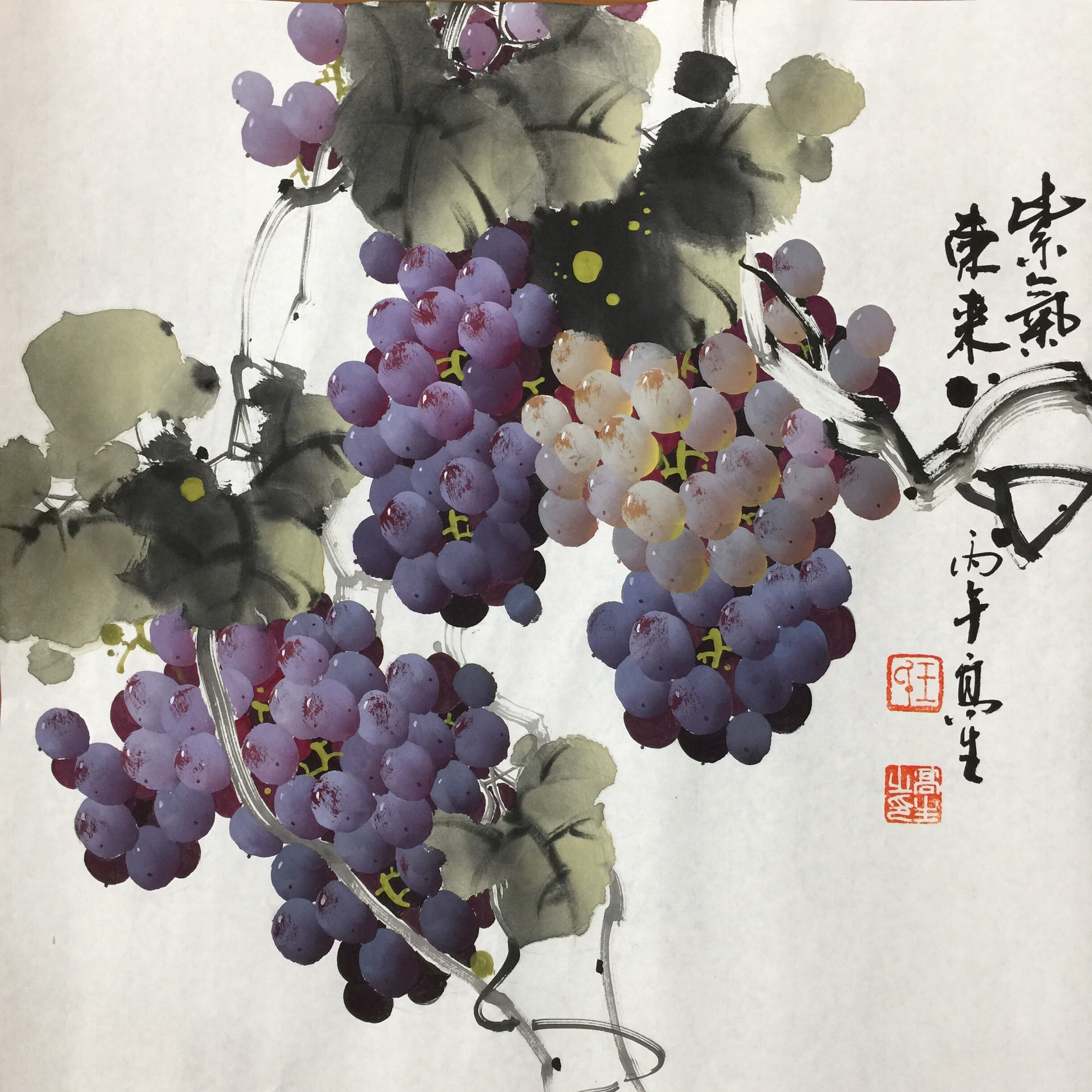 王高生纯手绘国画紫葡萄三尺斗方紫气东来玄关餐厅走廊水果装饰画