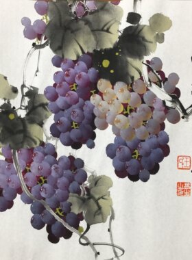 王高生纯手绘国画紫葡萄三尺斗方紫气东来玄关餐厅走廊水果装饰画