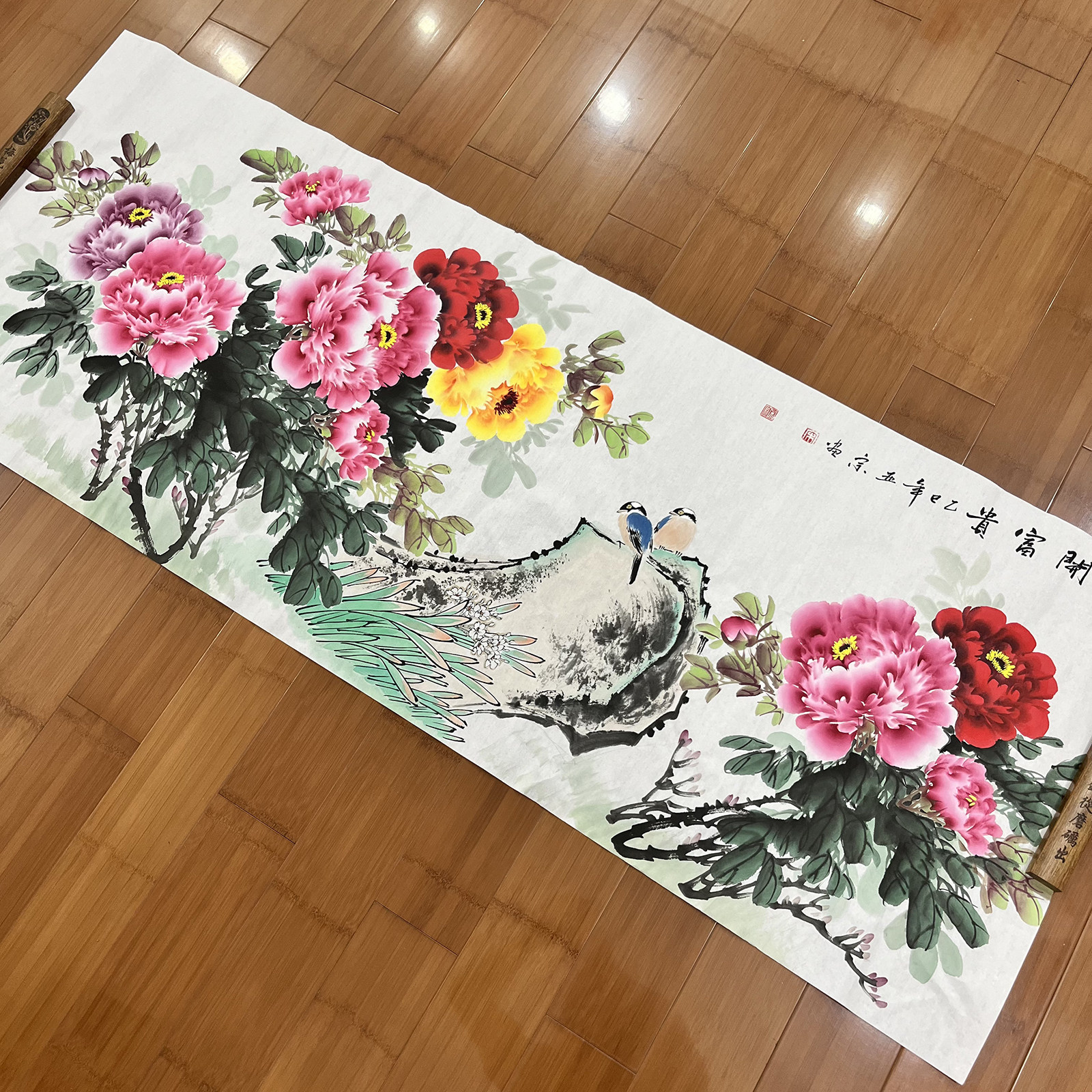 宋亚宗手绘国画牡丹横幅小六尺宣纸180*68厘米花鸟画客厅背景装饰
