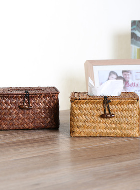 KENS 纸巾盒简约草编 编织抽纸盒家用车载纸巾盒洗手间餐厅纸抽盒