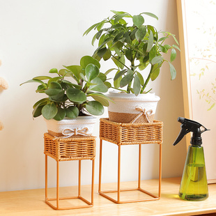 Kens创意北欧仿藤编迷你花架室内绿植花盆架客厅书房桌面小置物架
