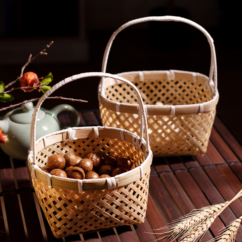 竹编小提篮圆形提手茶点水果篮
