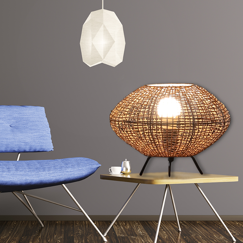 Kens藤编带脚架灯笼形灯罩田园风书房落地灯民宿餐厅写意灯罩