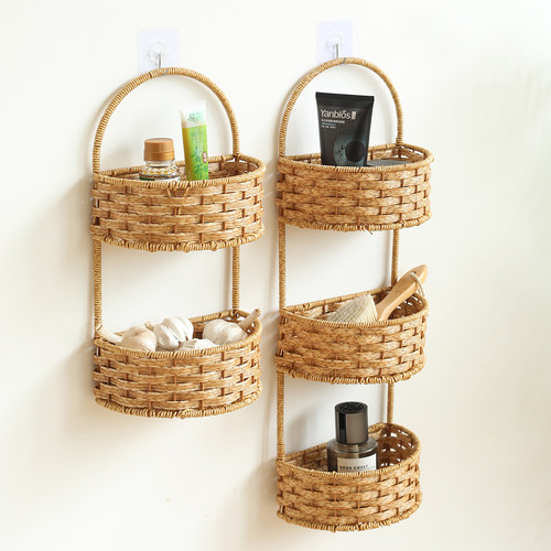 悬挂式绿植草编多层浴室置物架