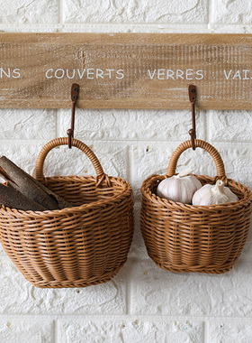 Kens北欧编织篮厨房姜蒜收纳筐复古壁挂篮手提小花篮厨具挂篮