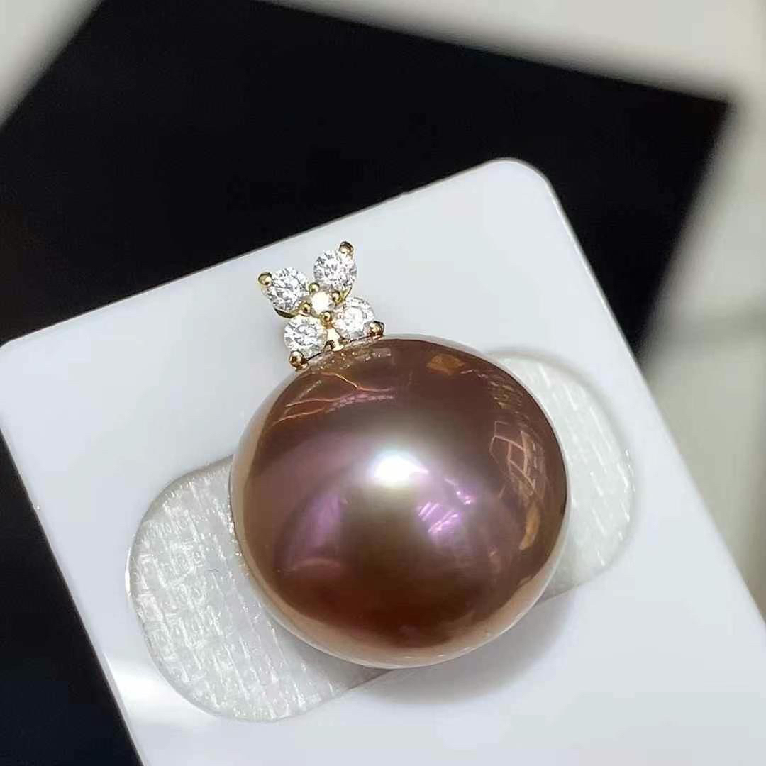 天然淡水珍珠香槟色棕色珍珠爱迪生吊坠 16mm-17mm正圆18k金吊坠