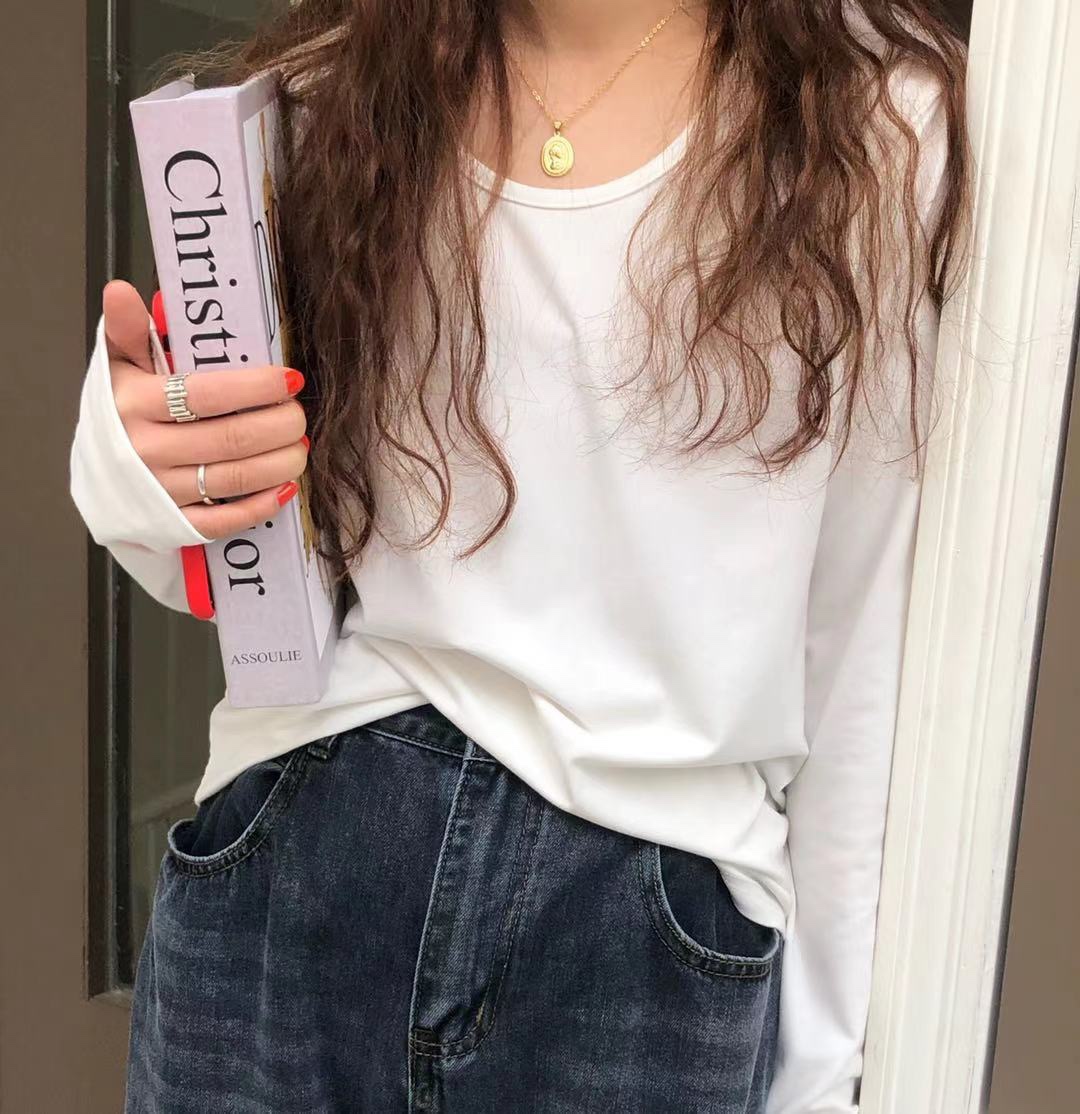 白色长袖打底t恤女秋2025韩版宽松弹力显瘦洋气内搭纯色上衣潮ins