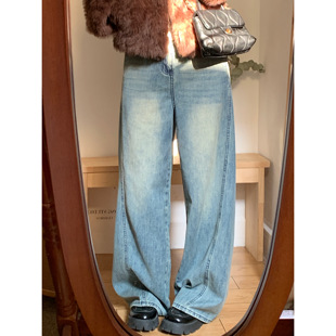 复古水洗蓝高腰阔腿牛仔裤女冬季韩系宽松显瘦休闲弯刀拖地长裤子