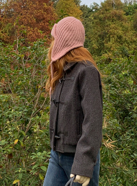 蘑糯糯韩版深灰色牛角扣短外套女2025秋冬新款百搭显瘦毛呢外套潮