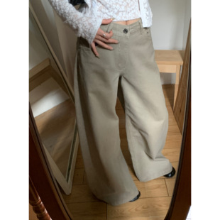 显瘦垂感拖地裤 女春阔腿宽松小个子休闲裤 韩系复古浅卡其色牛仔裤