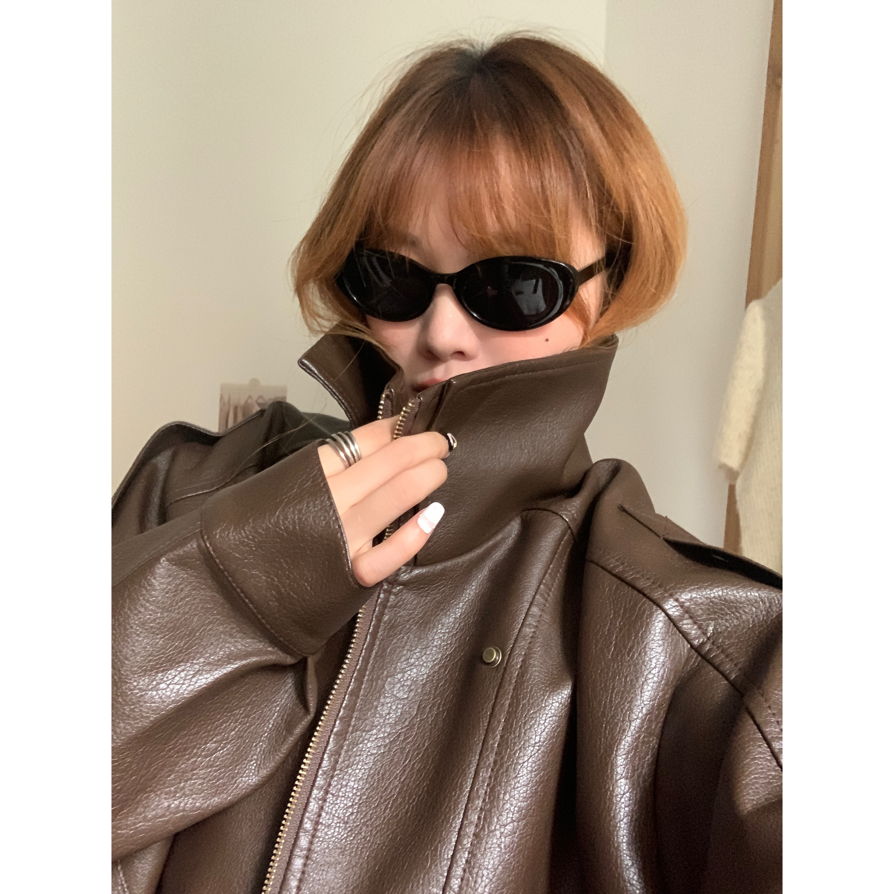 曼哈顿棕色皮衣外套女春秋新款美式机车服廓形高级感夹克加绒加厚