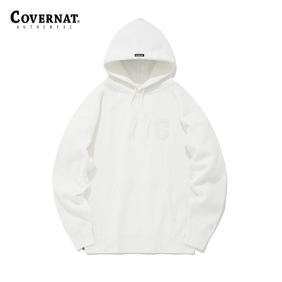 Covernat韩国潮牌连帽卫衣男女同款秋冬纯白色小C标加绒卫衣叠穿