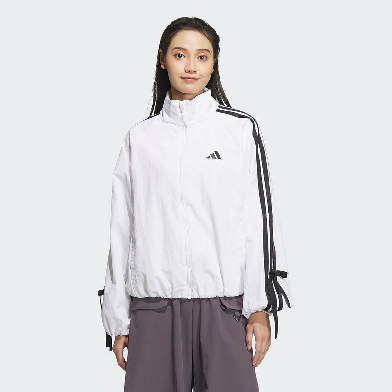 adidas阿迪达斯2025春季女子立领蝴蝶结三条纹运动梭织外套JY5651