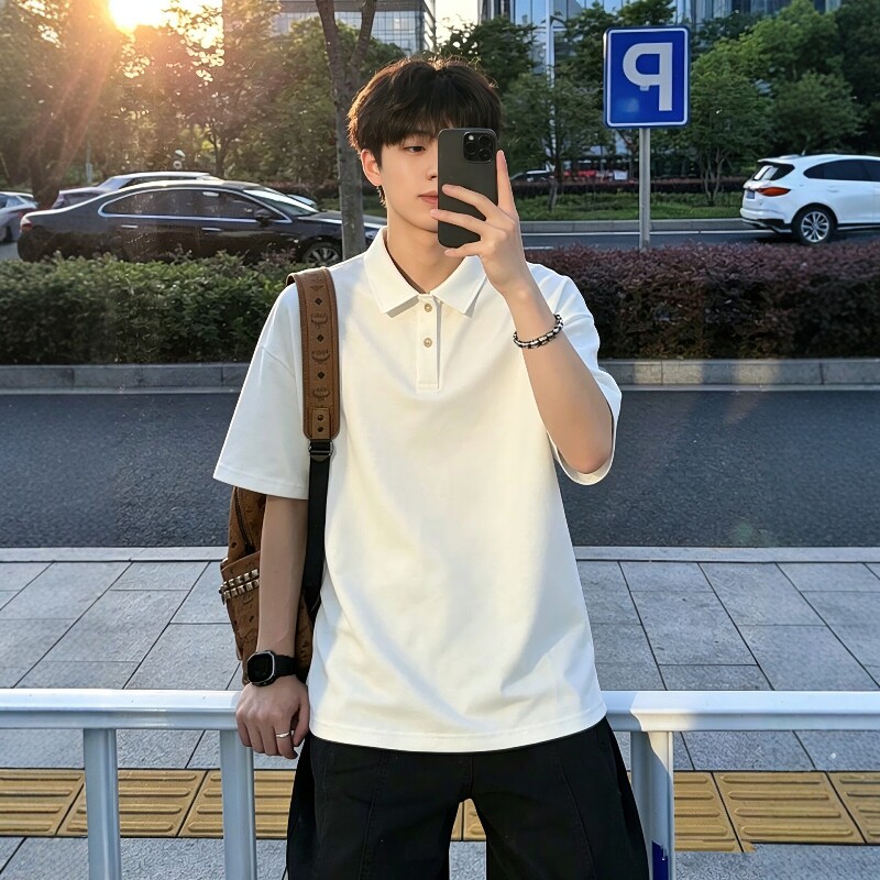 高级感重磅宽松白色翻领POLO衫图片