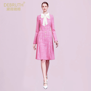 黛薇璐媤飘带领粗花呢公主连衣裙女中长2026春新款气质收腰A裙玫