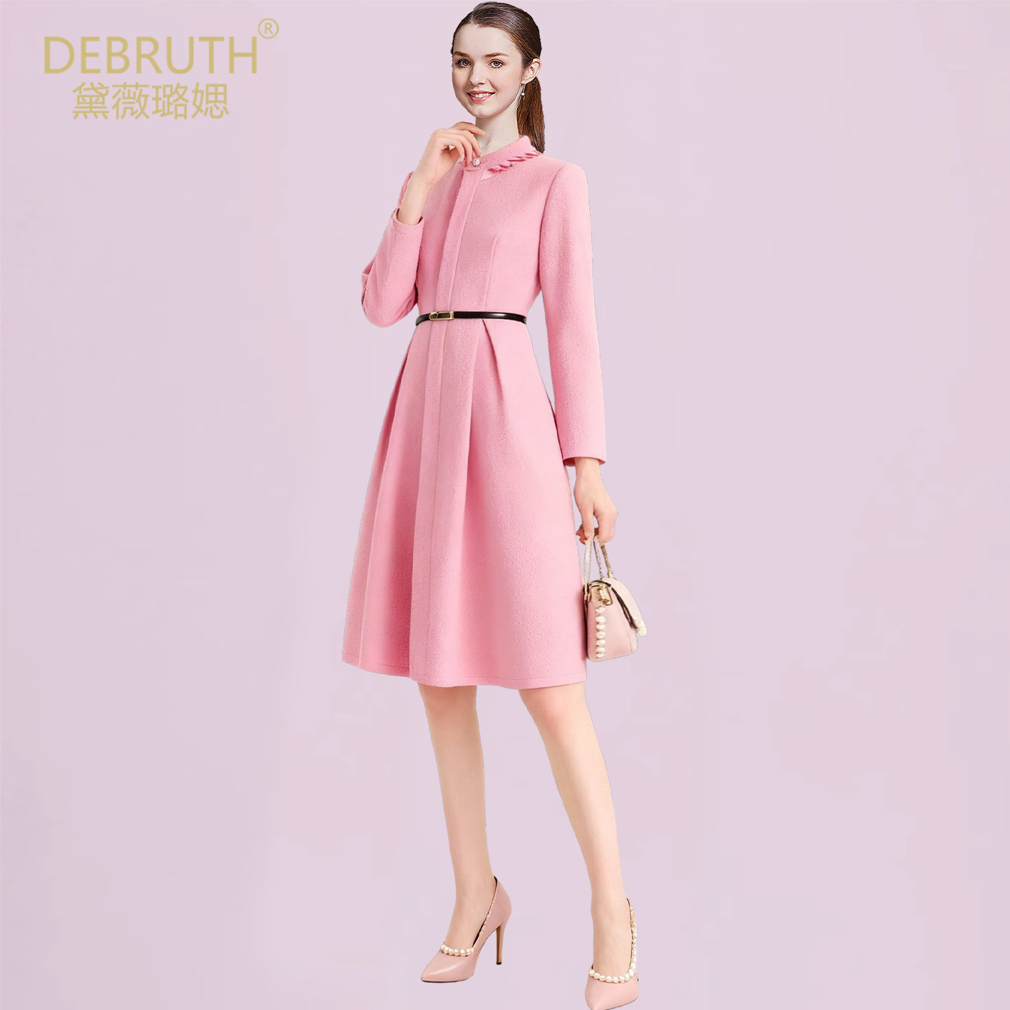 黛薇璐媤粉色木耳边小立领公主连衣裙女2025秋冬新款气质收腰A裙,女装/女士精品,连衣裙,淘宝优惠券,粉丝福利购,淘宝优惠卷