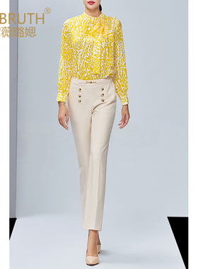 黛薇璐媤黄色豹纹飘带领长袖衬衫女春去新款OL气质时尚百搭衬衣